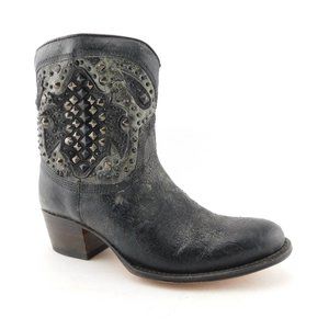 New FRYE Black Pewter Distressed Leather Block Heel Western Booties 6